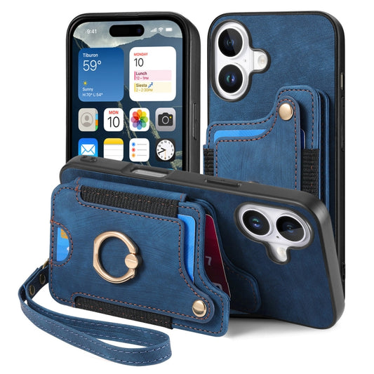 For iPhone 16 Plus Retro Skin-feel Ring Multi-card Wallet Phone Case(Blue) by buy2fix