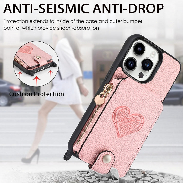 For iPhone 15 Pro Crossbody Love Zipper Leather Back Phone Case(Pink) - iPhone 15 Pro Cases by buy2fix | Online Shopping UK | buy2fix