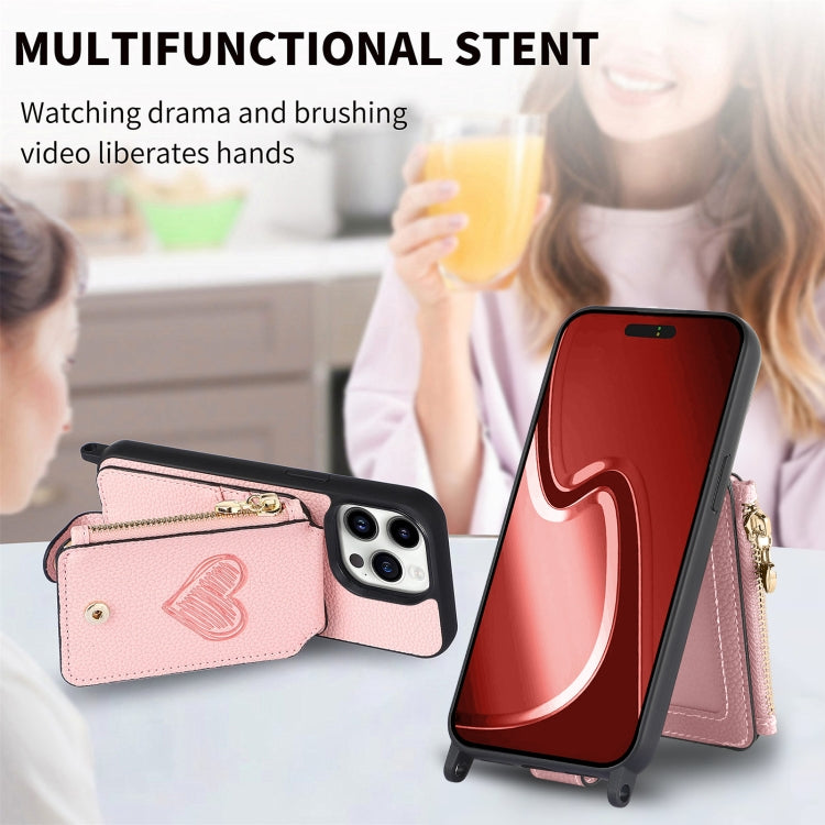 For iPhone 15 Pro Crossbody Love Zipper Leather Back Phone Case(Pink) - iPhone 15 Pro Cases by buy2fix | Online Shopping UK | buy2fix