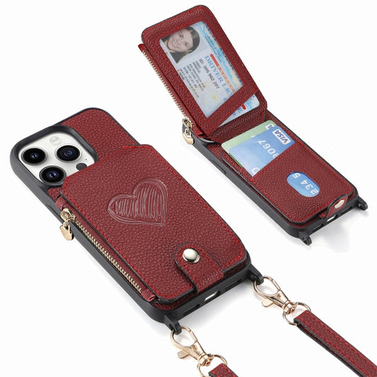 For iPhone 15 Pro Crossbody Love Zipper Leather Back Phone Case(Red) - iPhone 15 Pro Cases by buy2fix | Online Shopping UK | buy2fix