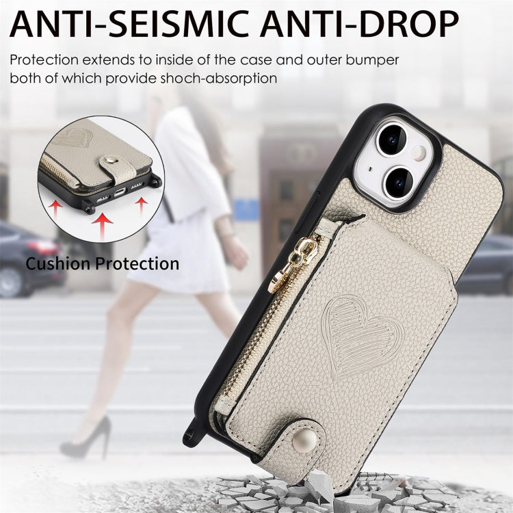 For iPhone 15 Crossbody Love Zipper Leather Back Phone Case(White) - iPhone 15 Cases by buy2fix | Online Shopping UK | buy2fix