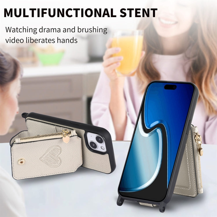 For iPhone 15 Crossbody Love Zipper Leather Back Phone Case(White) - iPhone 15 Cases by buy2fix | Online Shopping UK | buy2fix
