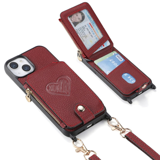 For iPhone 15 Crossbody Love Zipper Leather Back Phone Case(Red) - iPhone 15 Cases by buy2fix | Online Shopping UK | buy2fix