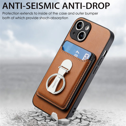 For iPhone 15 Plus Skin Feel Ring Holder Wallet Magnetic Phone Case(Brown) - iPhone 15 Plus Cases by buy2fix | Online Shopping UK | buy2fix