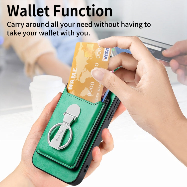 For iPhone 15 Plus Skin Feel Ring Holder Wallet Magnetic Phone Case(Green) - iPhone 15 Plus Cases by buy2fix | Online Shopping UK | buy2fix