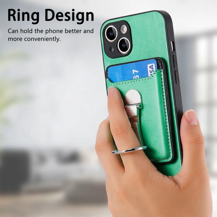 For iPhone 15 Plus Skin Feel Ring Holder Wallet Magnetic Phone Case(Green) - iPhone 15 Plus Cases by buy2fix | Online Shopping UK | buy2fix