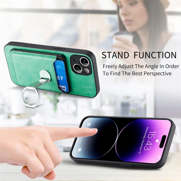 For iPhone 15 Plus Skin Feel Ring Holder Wallet Magnetic Phone Case(Green) - iPhone 15 Plus Cases by buy2fix | Online Shopping UK | buy2fix