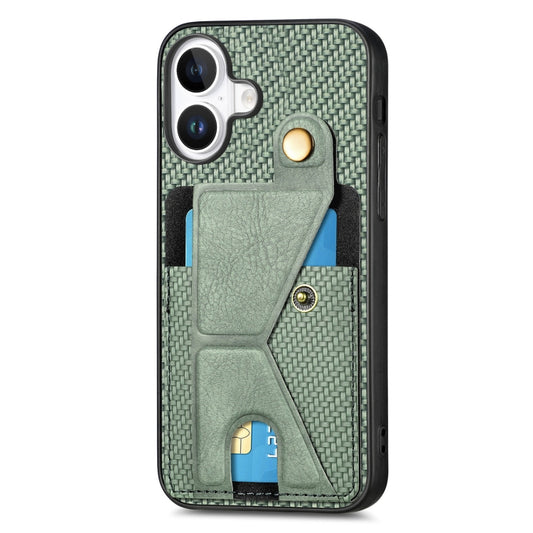 For iPhone 16 Plus Carbon Fiber Wallet Flip Card K-shaped Holder Phone Case(Green) by buy2fix