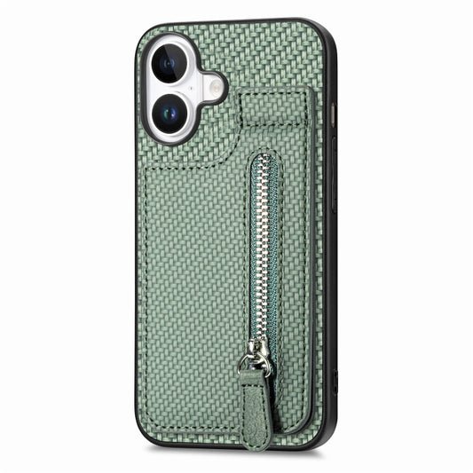 For iPhone 16 Plus Carbon Fiber Vertical Flip Zipper Phone Case(Green) by buy2fix