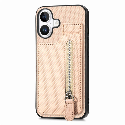 For iPhone 16 Plus Carbon Fiber Vertical Flip Zipper Phone Case(Khaki) by buy2fix