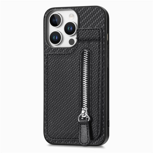 For iPhone 16 Pro Carbon Fiber Vertical Flip Zipper Phone Case(Black) by buy2fix