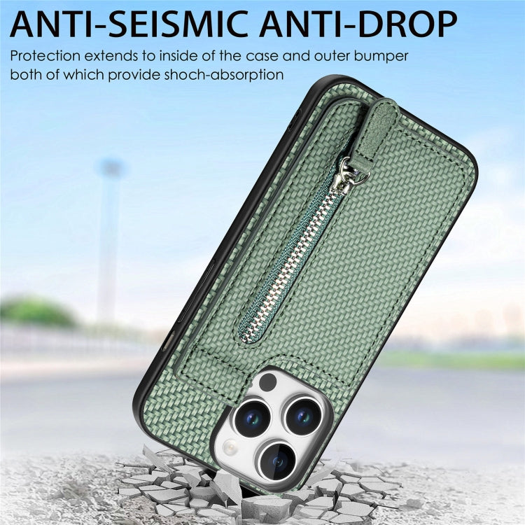For iPhone 16 Pro Carbon Fiber Vertical Flip Zipper Phone Case(Green) by buy2fix