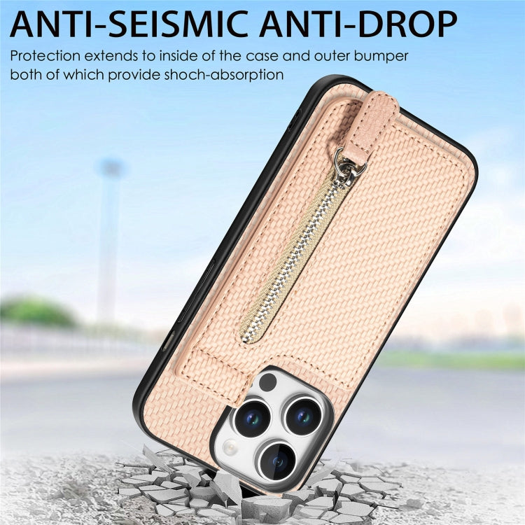For iPhone 16 Pro Carbon Fiber Vertical Flip Zipper Phone Case(Khaki) by buy2fix