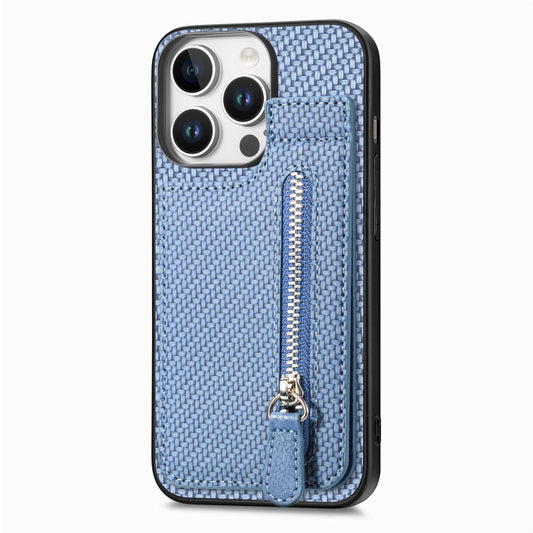 For iPhone 16 Pro Max Carbon Fiber Vertical Flip Zipper Phone Case(Blue) by buy2fix