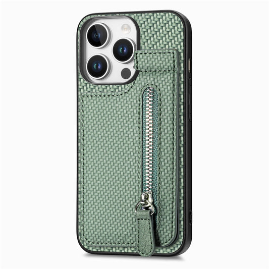 For iPhone 16 Pro Max Carbon Fiber Vertical Flip Zipper Phone Case(Green) by buy2fix