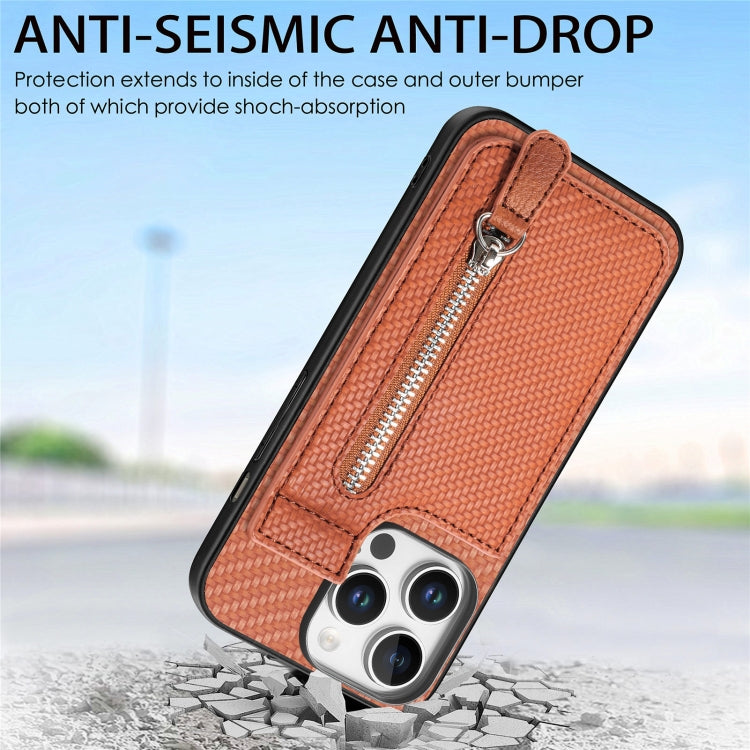 For iPhone 16 Pro Max Carbon Fiber Vertical Flip Zipper Phone Case(Brown) by buy2fix