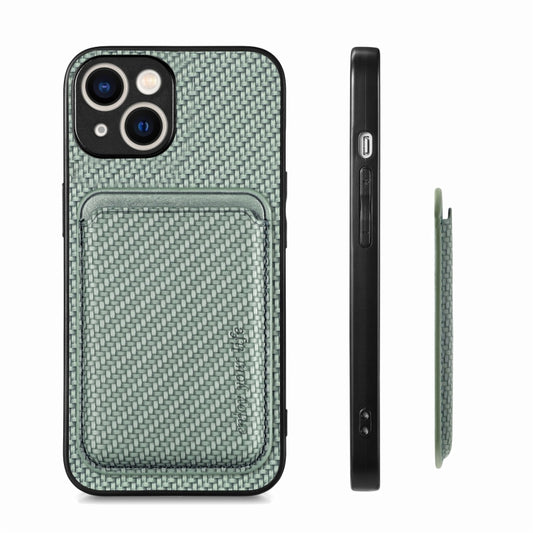 For iPhone 15 Carbon Fiber Leather Card Magsafe Phone Case(Green) by buy2fix