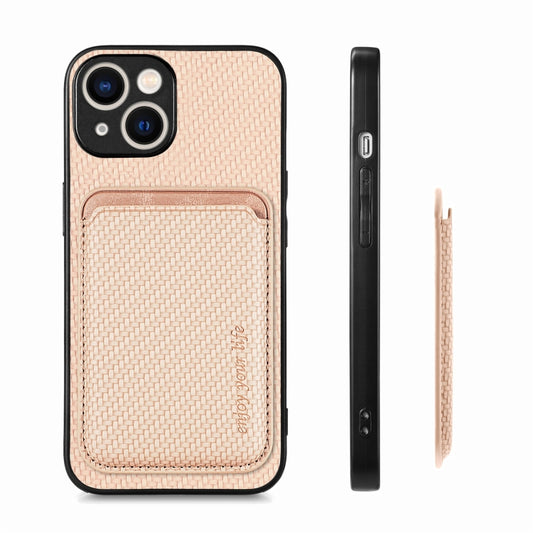 For iPhone 15 Carbon Fiber Leather Card Magsafe Phone Case(Khaki) by buy2fix