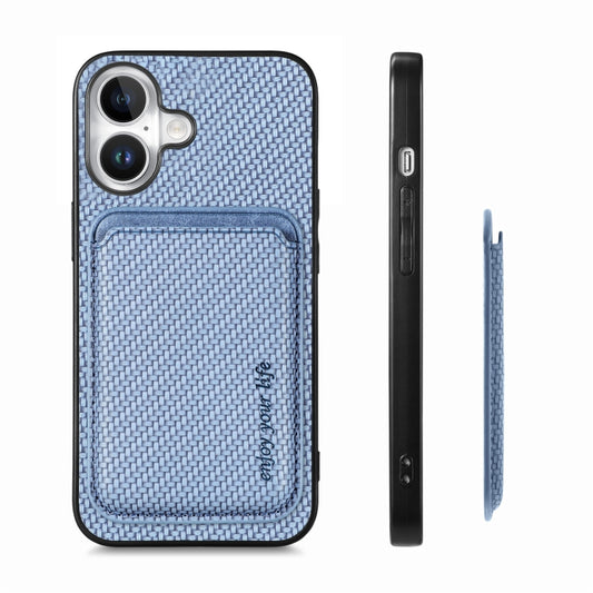 For iPhone 16 Plus Carbon Fiber Leather Card Magsafe Phone Case(Blue) by buy2fix