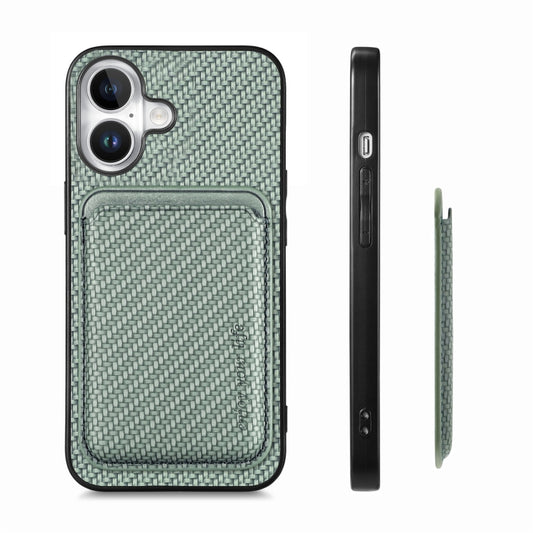 For iPhone 16 Plus Carbon Fiber Leather Card Magsafe Phone Case(Green) by buy2fix
