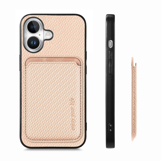 For iPhone 16 Plus Carbon Fiber Leather Card Magsafe Phone Case(Khaki) by buy2fix