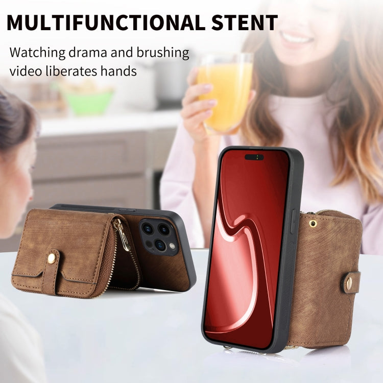 For iPhone 15 Pro Crossbody Multi-function Zipper Wallet Phone Case(Brown) - iPhone 15 Pro Cases by buy2fix | Online Shopping UK | buy2fix
