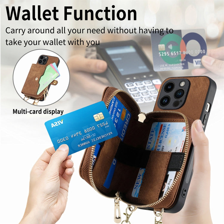 For iPhone 15 Pro Crossbody Multi-function Zipper Wallet Phone Case(Brown) - iPhone 15 Pro Cases by buy2fix | Online Shopping UK | buy2fix