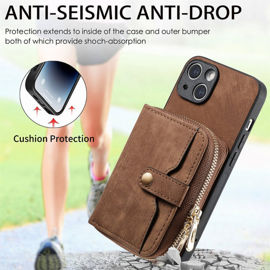 For iPhone 15 Plus Crossbody Multi-function Zipper Wallet Phone Case(Brown) - iPhone 15 Plus Cases by buy2fix | Online Shopping UK | buy2fix