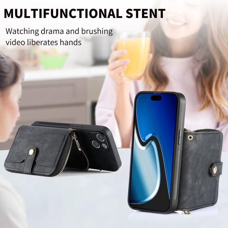 For iPhone 15 Crossbody Multi-function Zipper Wallet Phone Case(Black) - iPhone 15 Cases by buy2fix | Online Shopping UK | buy2fix