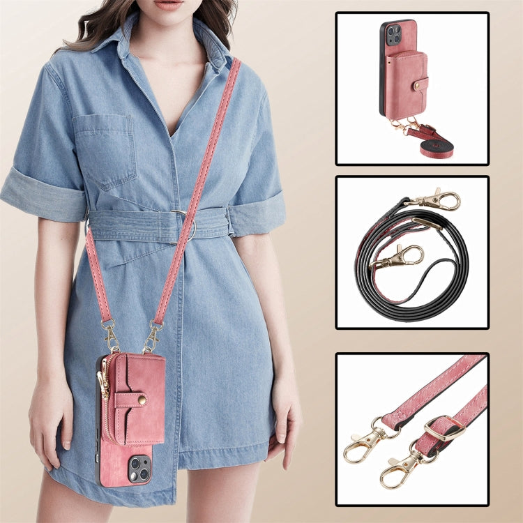 For iPhone 15 Crossbody Multi-function Zipper Wallet Phone Case(Pink) - iPhone 15 Cases by buy2fix | Online Shopping UK | buy2fix