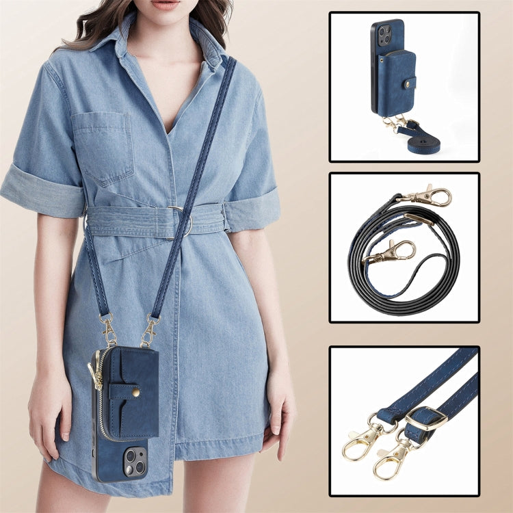 For iPhone 15 Crossbody Multi-function Zipper Wallet Phone Case(Blue) - iPhone 15 Cases by buy2fix | Online Shopping UK | buy2fix