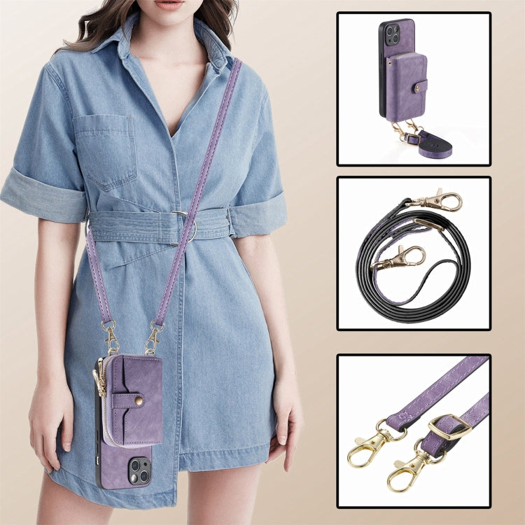 For iPhone 15 Crossbody Multi-function Zipper Wallet Phone Case(Purple) - iPhone 15 Cases by buy2fix | Online Shopping UK | buy2fix