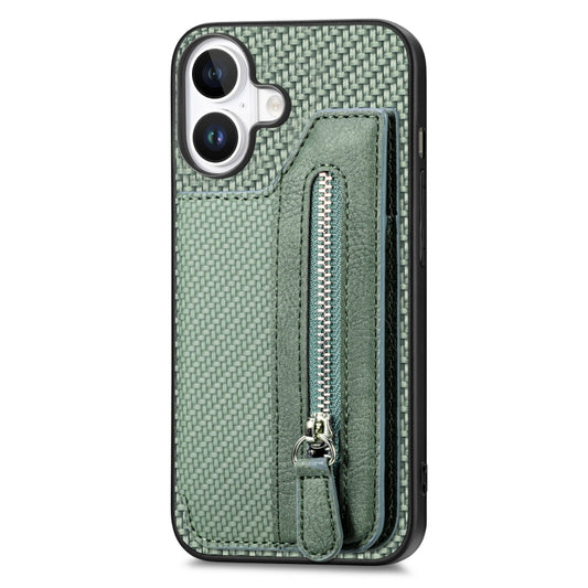 For iPhone 16 Carbon Fiber Horizontal Flip Zipper Wallet Phone Case(Green) by buy2fix