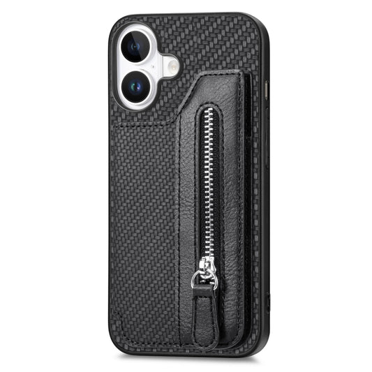 For iPhone 16 Plus Carbon Fiber Horizontal Flip Zipper Wallet Phone Case(Black) by buy2fix