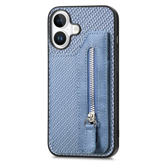 For iPhone 16 Plus Carbon Fiber Horizontal Flip Zipper Wallet Phone Case(Blue) by buy2fix