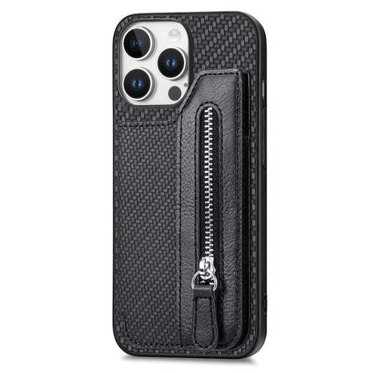 For iPhone 16 Pro Max Carbon Fiber Horizontal Flip Zipper Wallet Phone Case(Black) by buy2fix