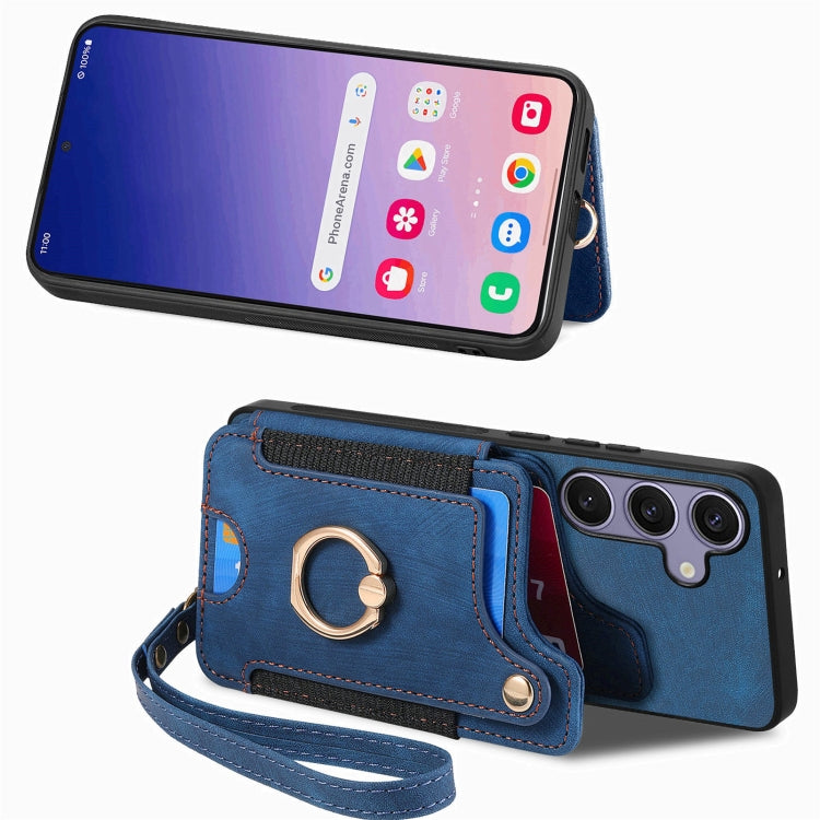 For Samsung Galaxy S25+ 5G Retro Skin-feel Ring Multi-card Wallet Phone Case(Blue) - Galaxy S25+ 5G Cases by buy2fix | Online Shopping UK | buy2fix