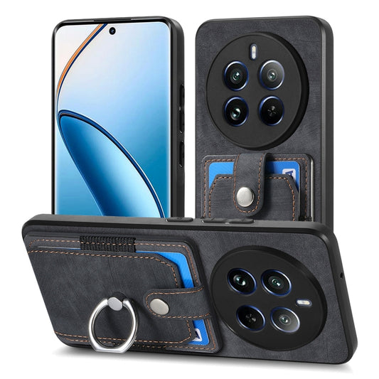 For Realme 12 Pro Retro Skin-feel Ring Card Wallet Phone Case(Black) by buy2fix
