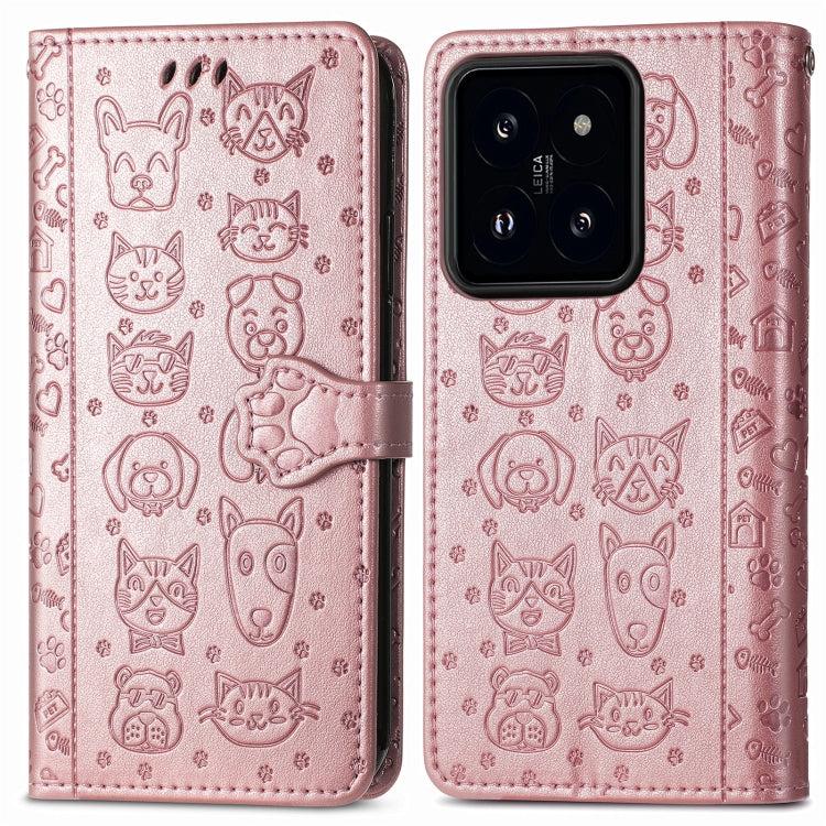 For Xiaomi 14 Pro Cat and Dog Embossed Leather Phone Case(Rose Gold) - 14 Pro Cases by buy2fix | Online Shopping UK | buy2fix