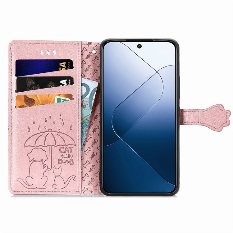 For Xiaomi 14 Pro Cat and Dog Embossed Leather Phone Case(Rose Gold) - 14 Pro Cases by buy2fix | Online Shopping UK | buy2fix
