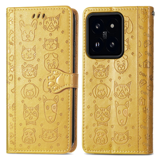 For Xiaomi 14 Cat and Dog Embossed Leather Phone Case(Yellow) by buy2fix