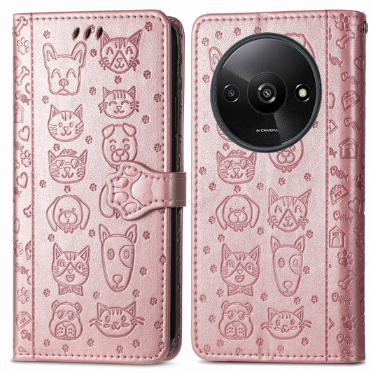 For Xiaomi Redmi A3 Cat and Dog Embossed Leather Phone Case(Rose Gold) by buy2fix