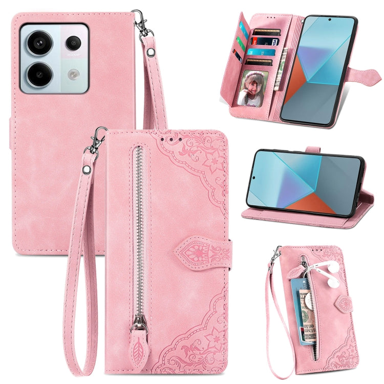 For Xiaomi Redmi Note 13 Pro 5G Embossed Flower Zipper Leather Phone Case(Pink) - Xiaomi Cases by buy2fix | Online Shopping UK | buy2fix