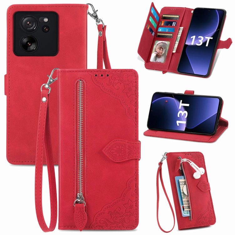 For Xiaomi Redmi K60 Ultra Embossed Flower Zipper Leather Phone Case(Red) - Xiaomi Cases by buy2fix | Online Shopping UK | buy2fix