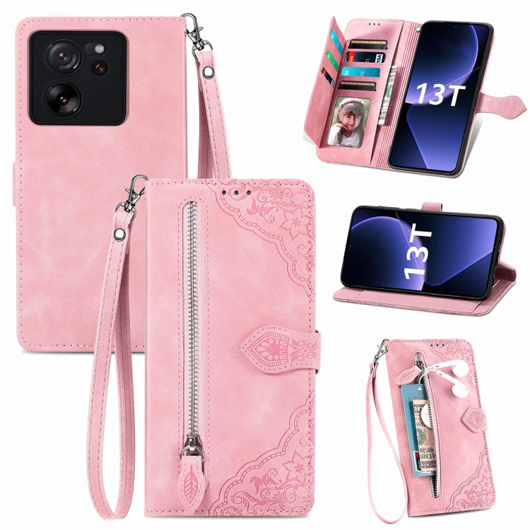 For Xiaomi 13T / 13T Pro Embossed Flower Zipper Leather Phone Case(Pink) - Xiaomi Cases by buy2fix | Online Shopping UK | buy2fix