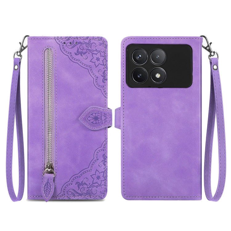 For Xiaomi Redmi K70 Embossed Flower Zipper Leather Phone Case(Purple) - Xiaomi Cases by buy2fix | Online Shopping UK | buy2fix