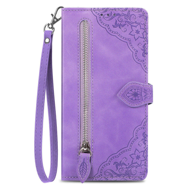 For Xiaomi Redmi K70E Embossed Flower Zipper Leather Phone Case(Purple) - Xiaomi Cases by buy2fix | Online Shopping UK | buy2fix