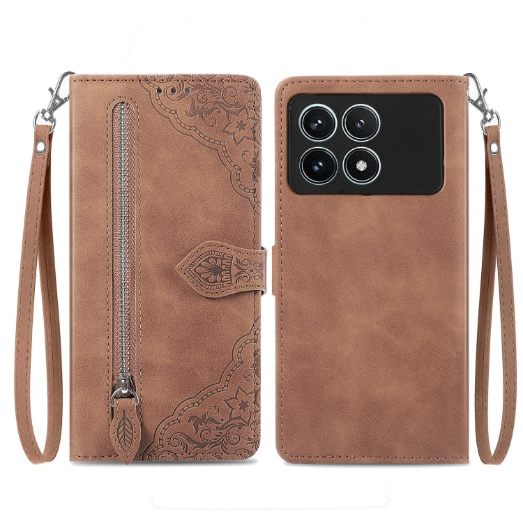 For Xiaomi Redmi K70 Pro Embossed Flower Zipper Leather Phone Case(Brown) - Xiaomi Cases by buy2fix | Online Shopping UK | buy2fix