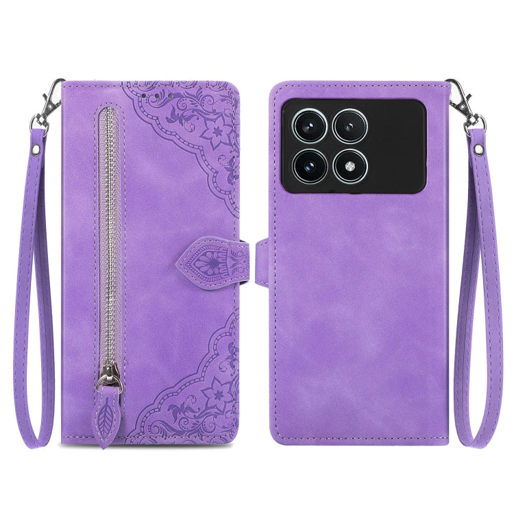 For Xiaomi Redmi K70 Pro Embossed Flower Zipper Leather Phone Case(Purple) - Xiaomi Cases by buy2fix | Online Shopping UK | buy2fix