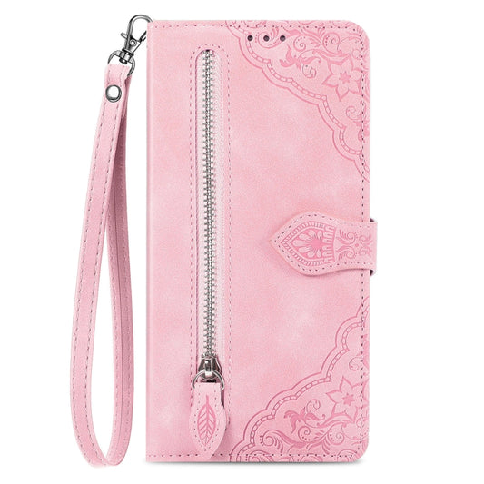 For Xiaomi Redmi K70 Pro Embossed Flower Zipper Leather Phone Case(Pink) by buy2fix